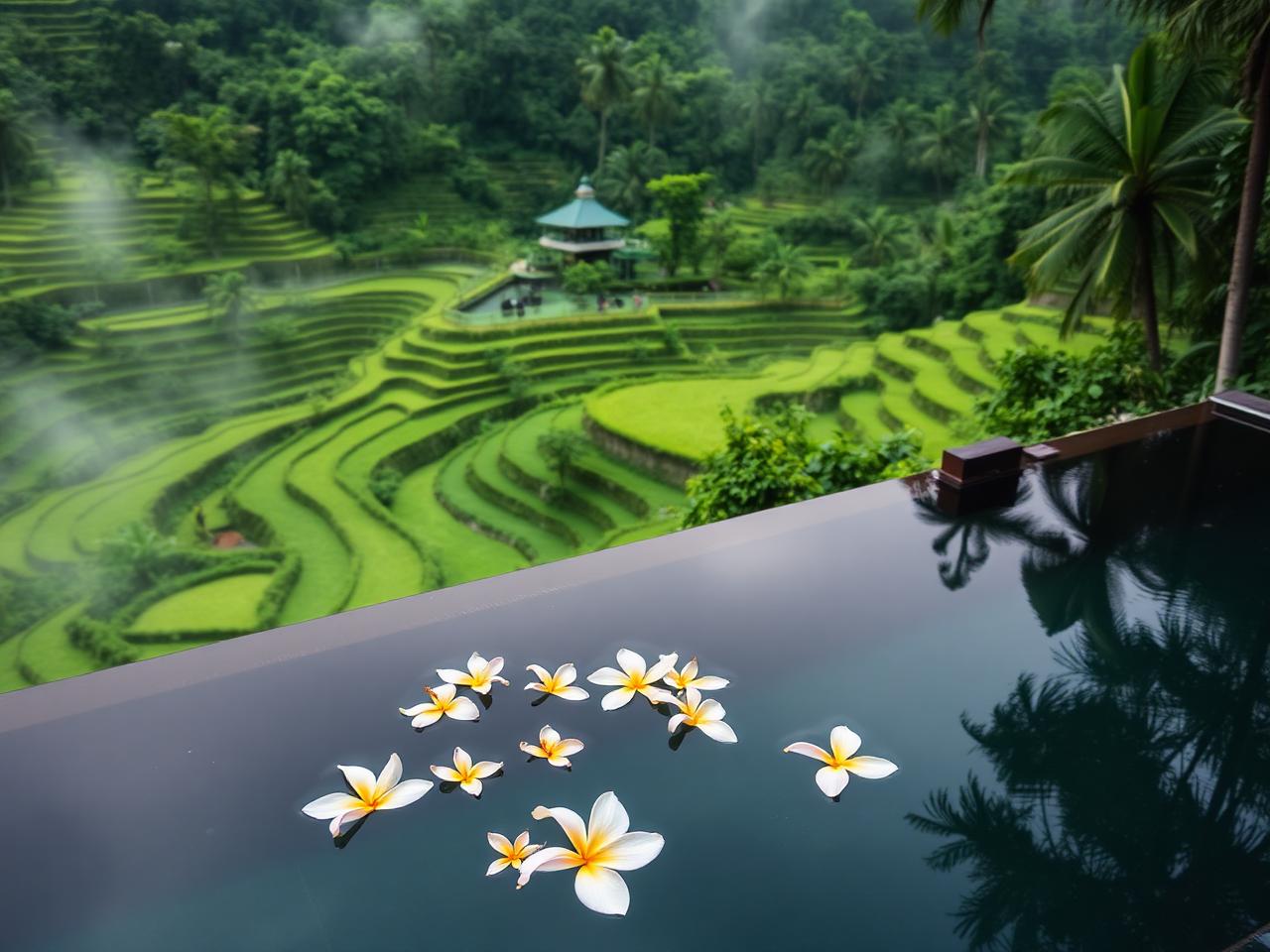 Infinity pool with frangipani flowers over jungle rice terraces in Ubud, Bali