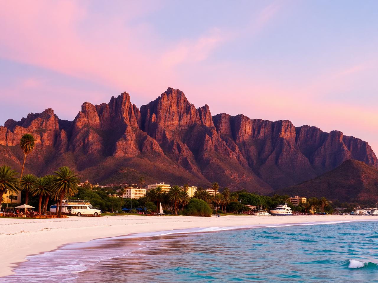 Table Mountain behind Camps Bay beach in Cape Town at sunset