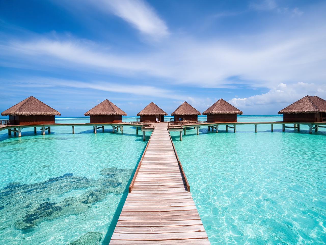 Overwater villas on a turquoise lagoon in the Maldives