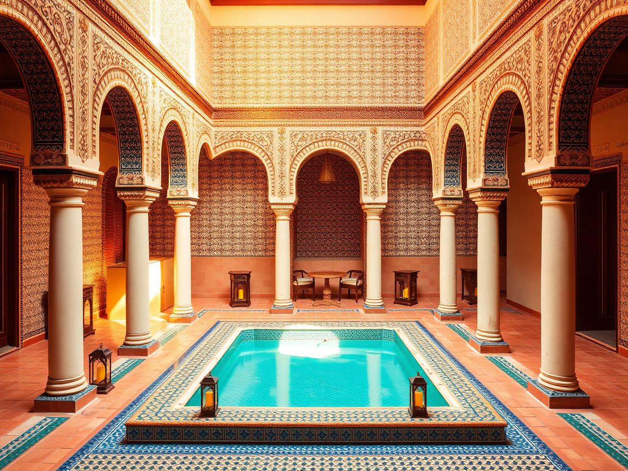 Ornate riad courtyard with tiled plunge pool in Marrakech