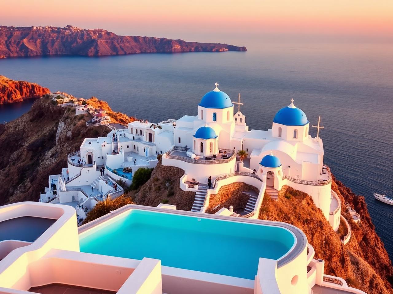 Blue domed churches and whitewashed houses on the Santorini caldera at sunset