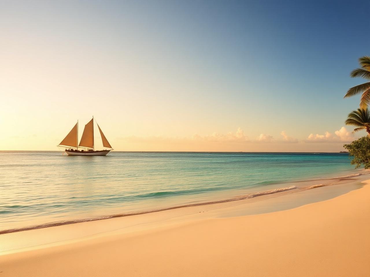Dhow sailboat off a white sand beach in Zanzibar at golden hour