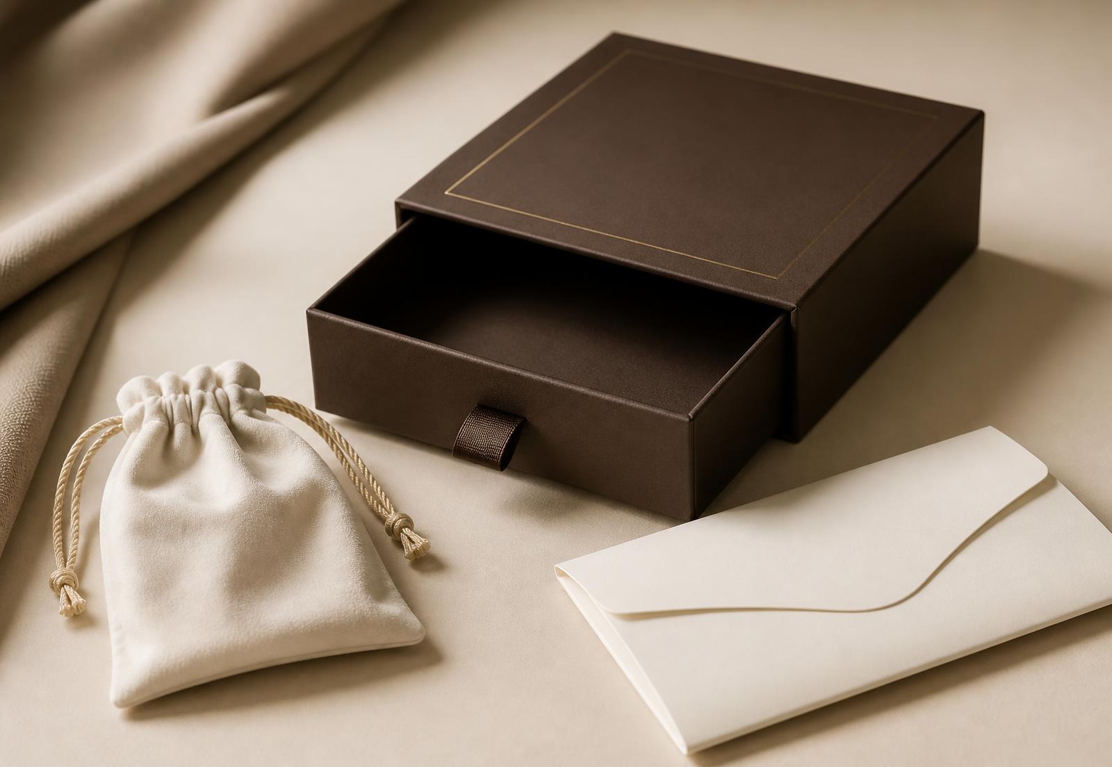 Chocolate drawer box, cream velvet pouch and envelope sleeve