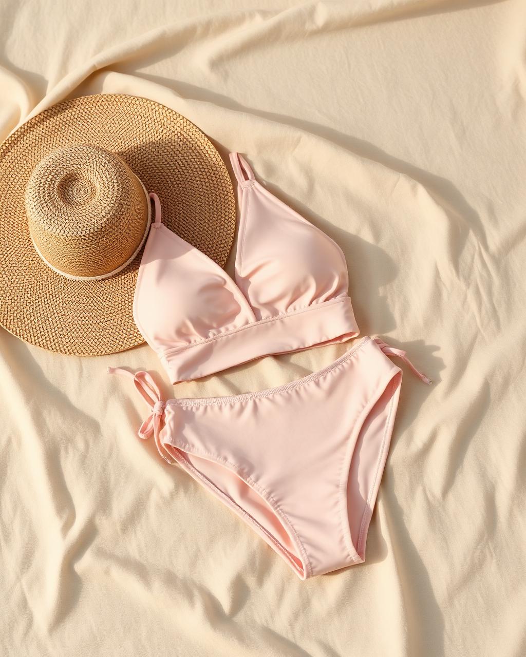Blush pink two-piece swim set with a straw hat on cream linen