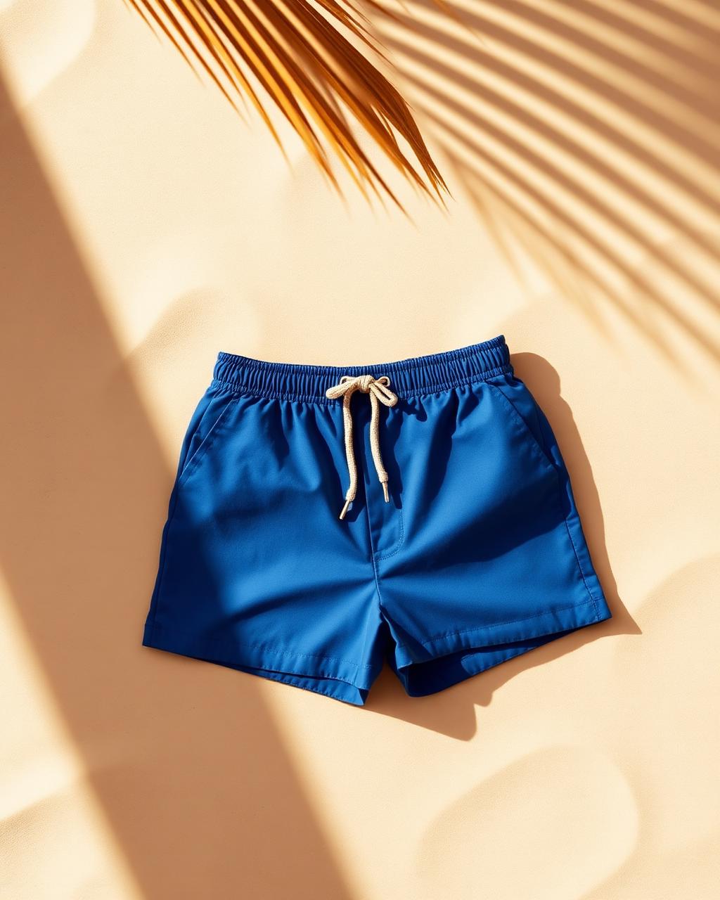Cobalt blue men's swim shorts on warm sand